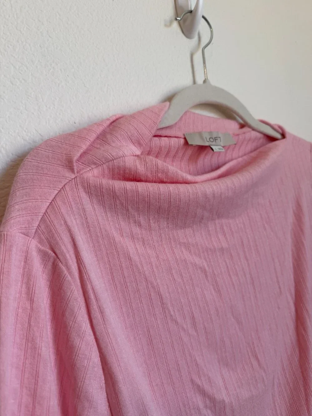 LOFT Cozy Ribbed Asymmetric Neck Top Pink Salt Size Large